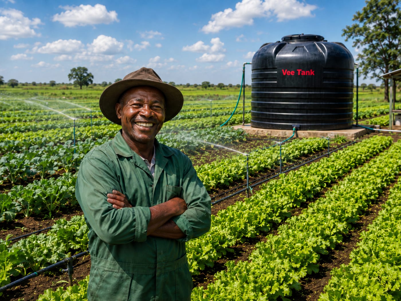 A farmer standing at the edge of a drip-irrigated vegetable field, with a Vee Tank on a raised slab behind him.