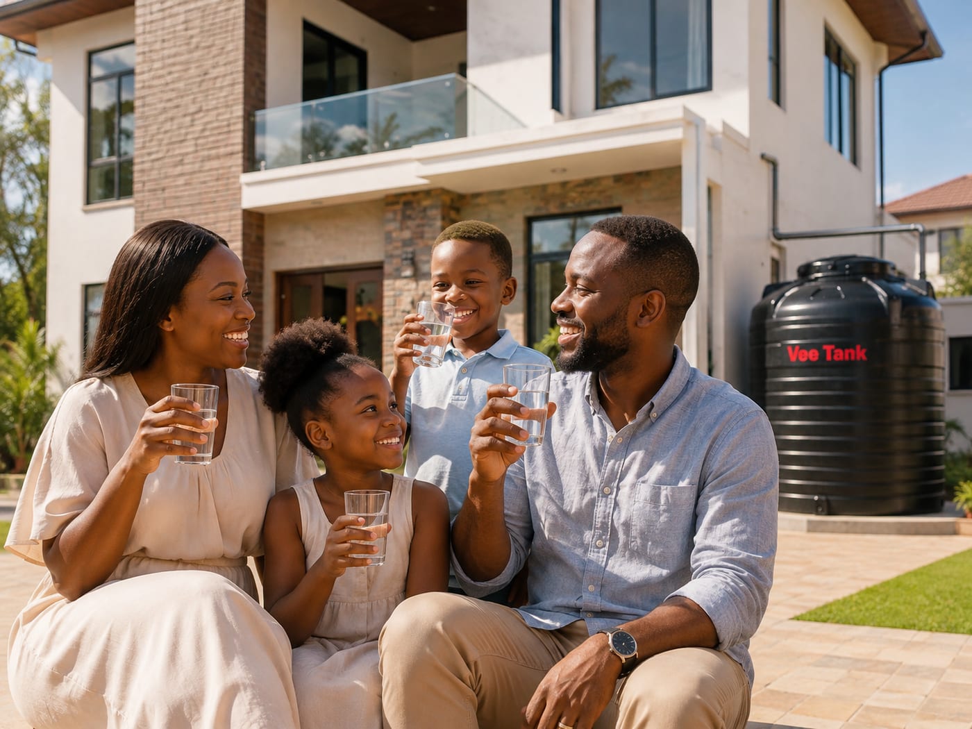 A family sitting outside their home holding glasses of water, with a Vee Tank standing beside the house.