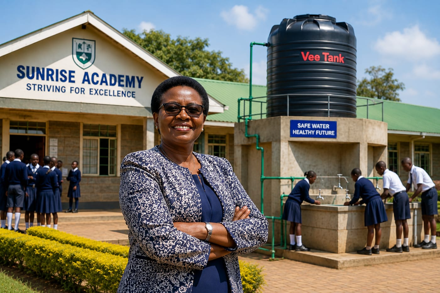 A head teacher standing outside a school, with a Vee Tank raised on a tower and pupils washing their hands at taps below it.