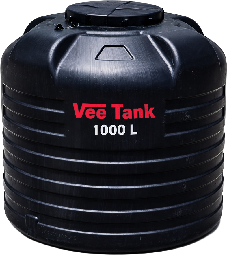 A black Vee Tank 1,000 L cylindrical water tank, with the red Vee Tank wordmark and the capacity printed in white.