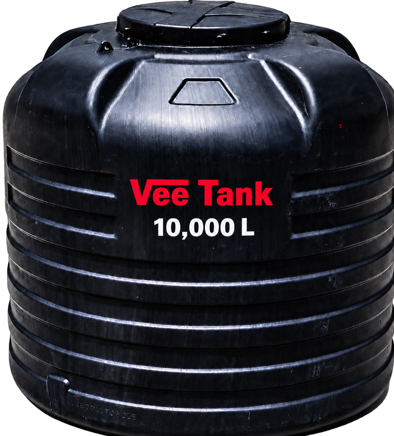 A black Vee Tank 10,000 L cylindrical water tank, with the red Vee Tank wordmark and the capacity printed in white.