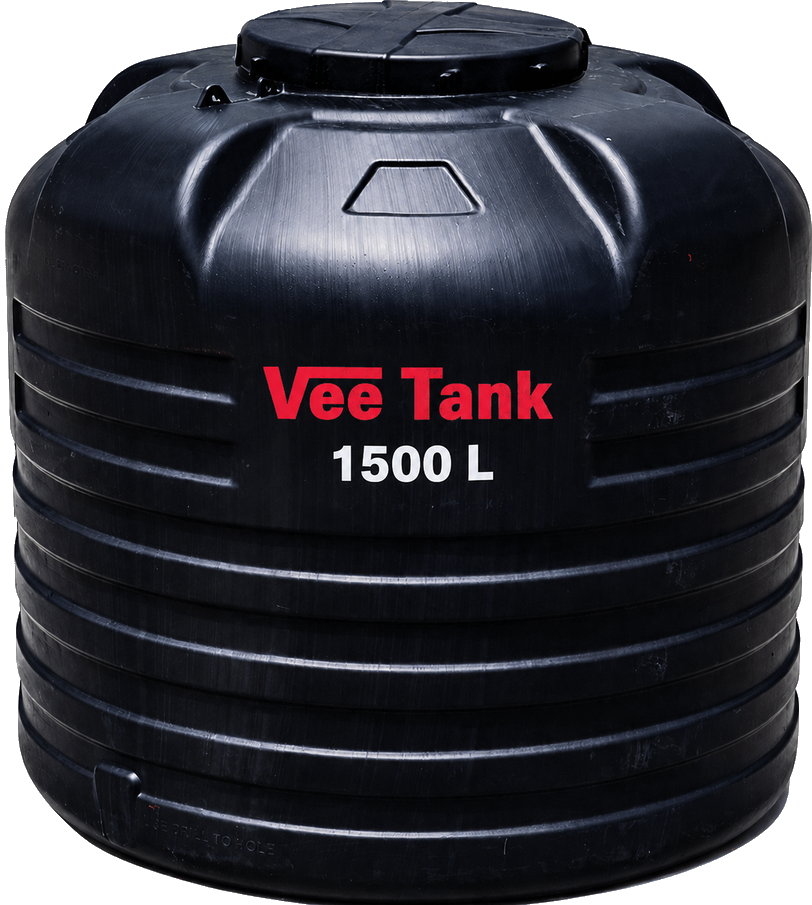 A black Vee Tank 1,500 L cylindrical water tank, with the red Vee Tank wordmark and the capacity printed in white.