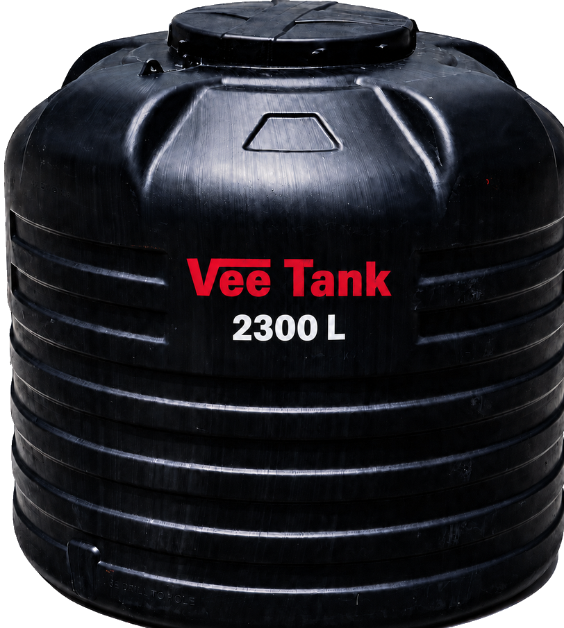 A black Vee Tank 2,300 L cylindrical water tank, with the red Vee Tank wordmark and the capacity printed in white.
