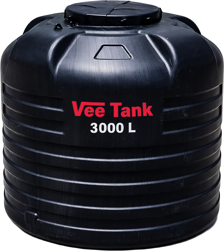 A black Vee Tank 3,000 L cylindrical water tank, with the red Vee Tank wordmark and the capacity printed in white.