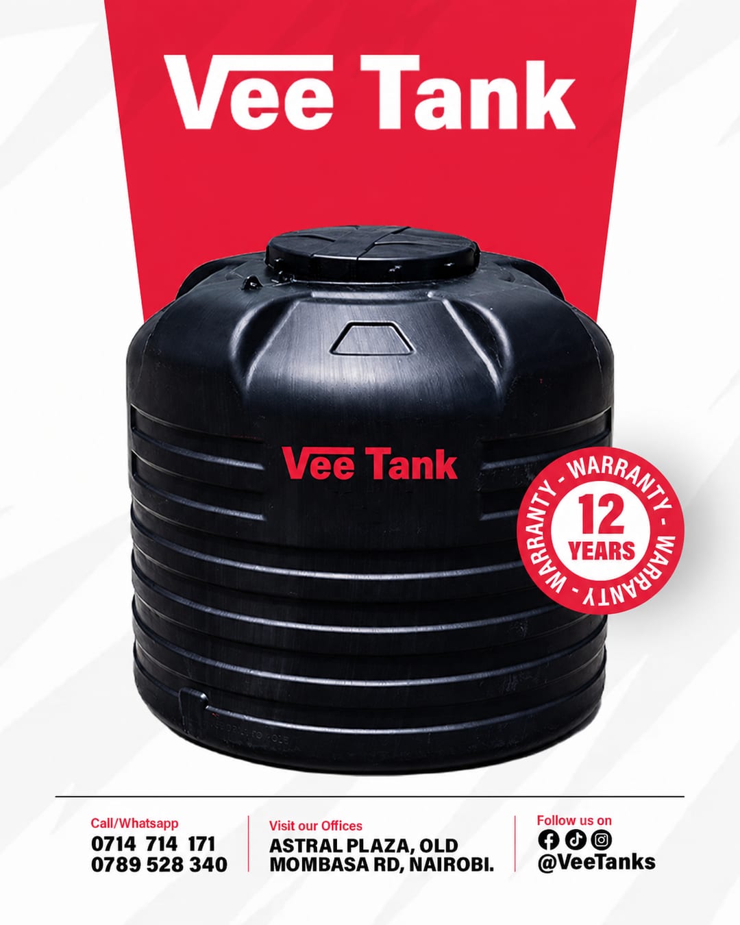 A Vee Tank with the 12-year warranty seal, alongside the Astral Industries office details.